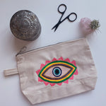 Embroidered Evil Eye Pouch on Cotton Canvas | Neon Colorway