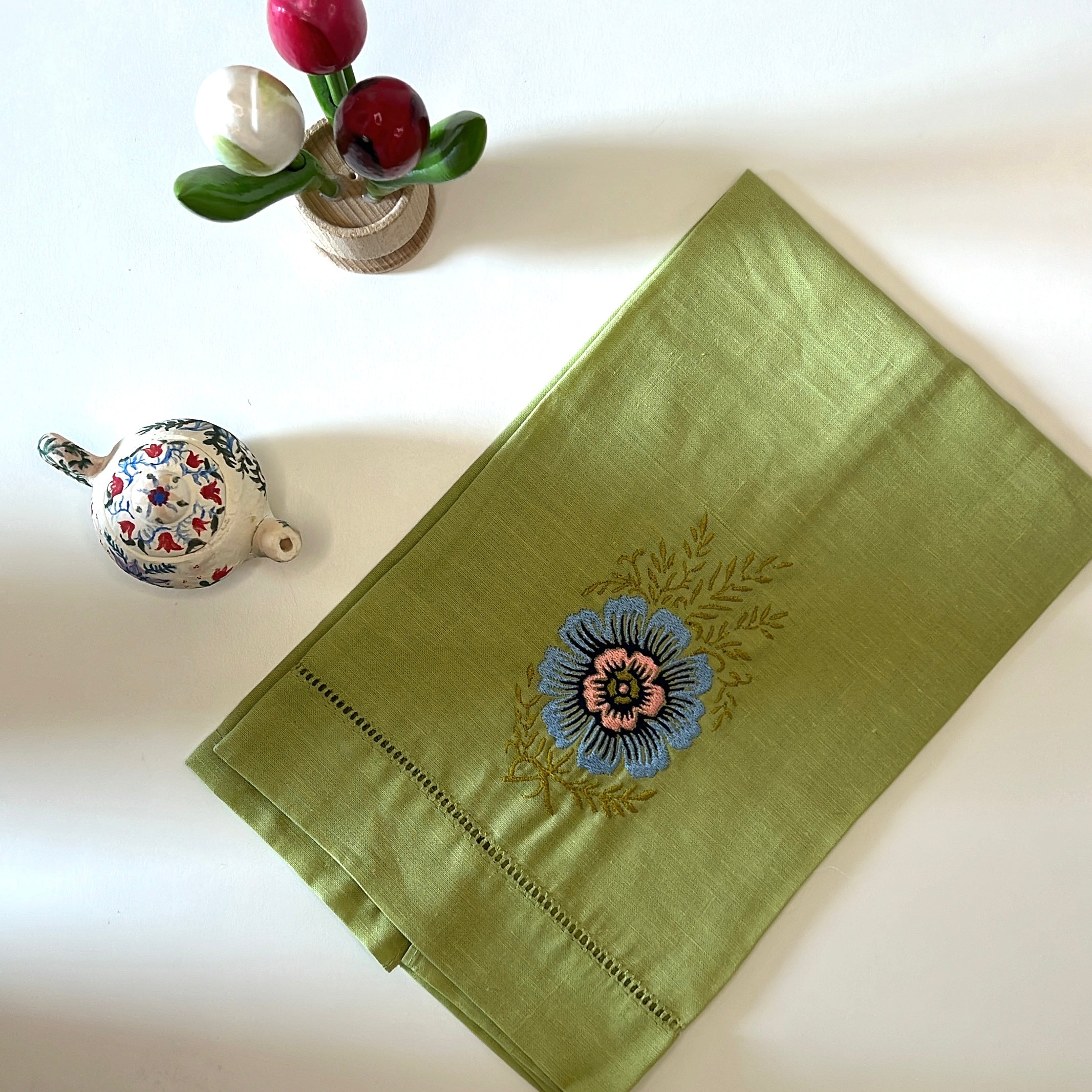 Green Linen Towel | Sri Lanka Floral Blue Colorway