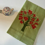 Green Linen Towel | Tree of Life Red Colorway