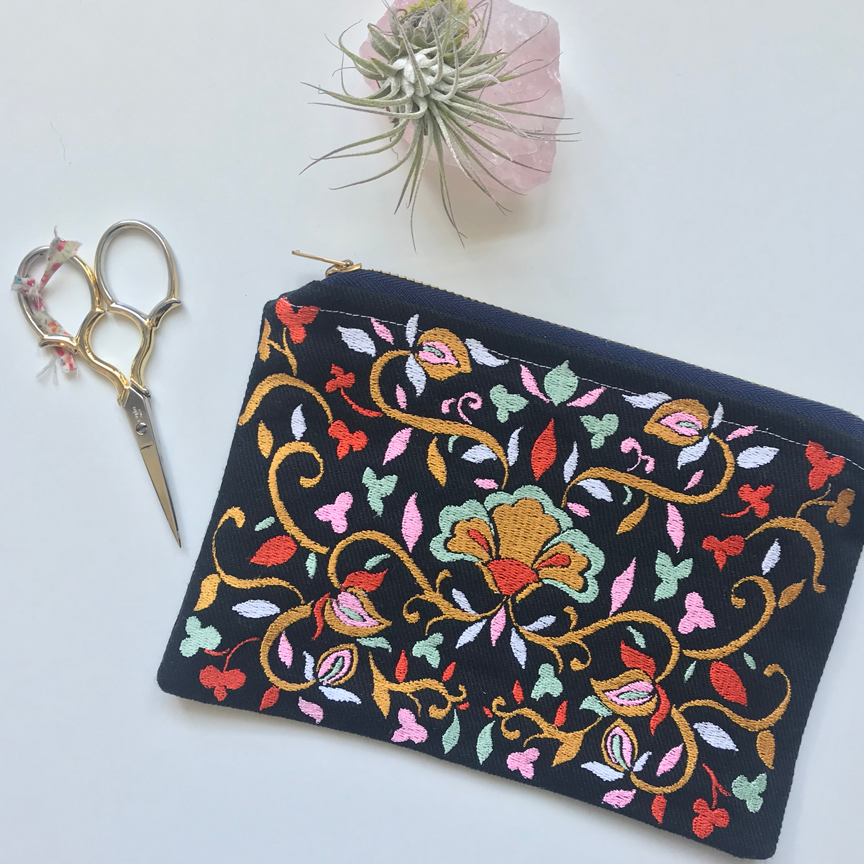 Embroidered Folk Floral Pouch | Poppy Colorway | Small
