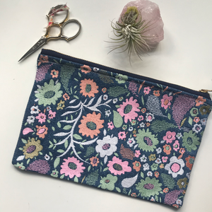 Embroidered Floral Paisley Pouch on Denim | Pastel Colorway | Large