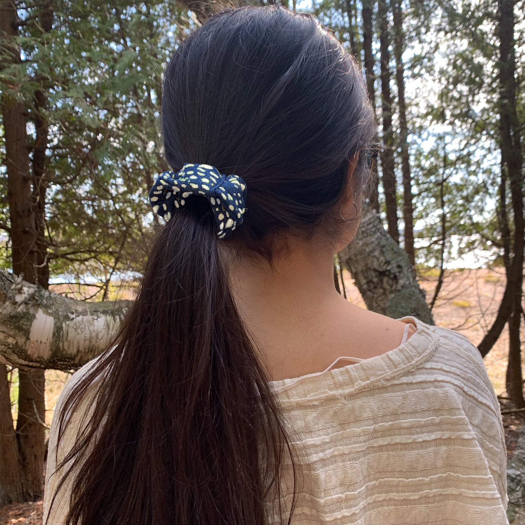 Denim Scrunchie with White Spots