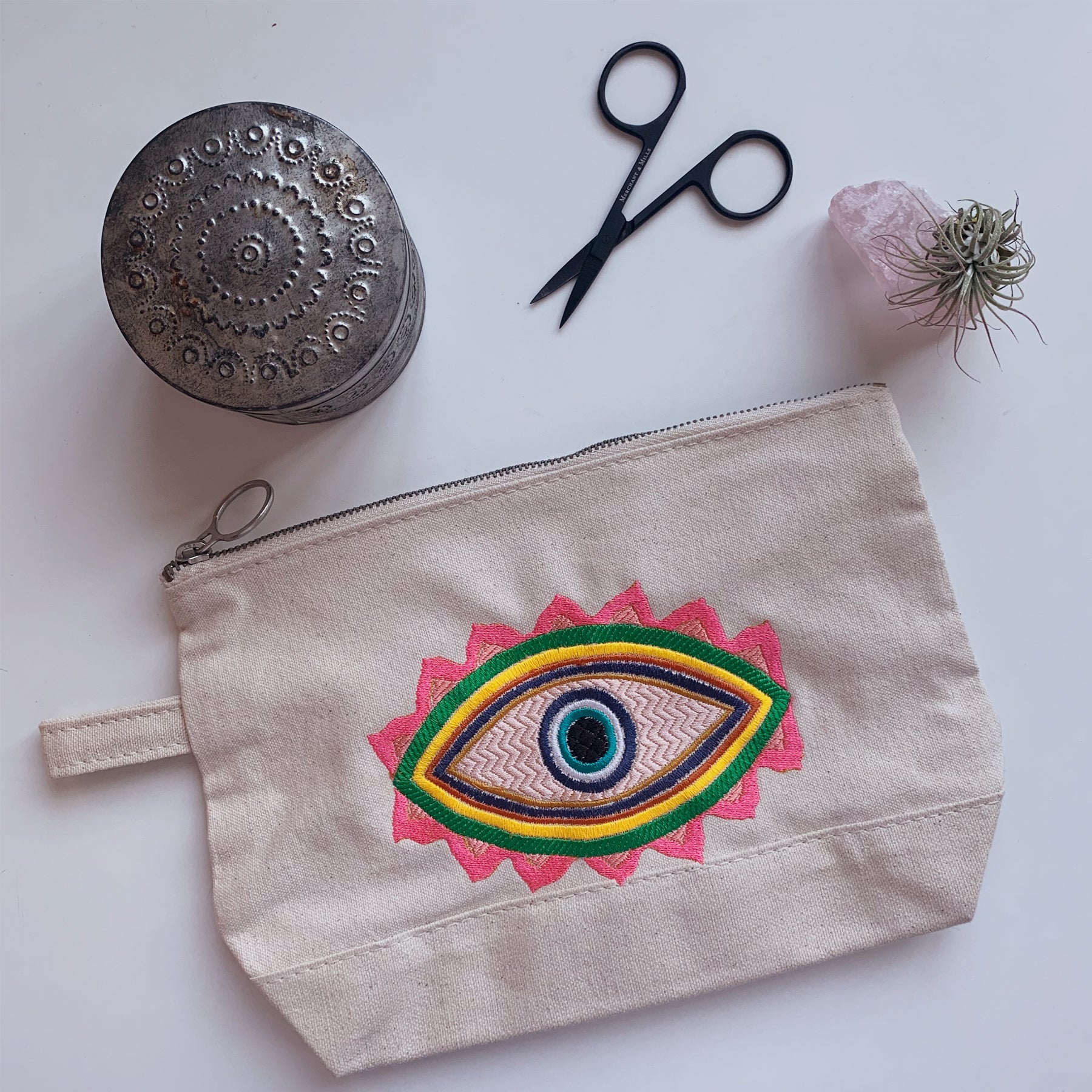 Embroidered Evil Eye Pouch on Cotton Canvas | Neon Colorway