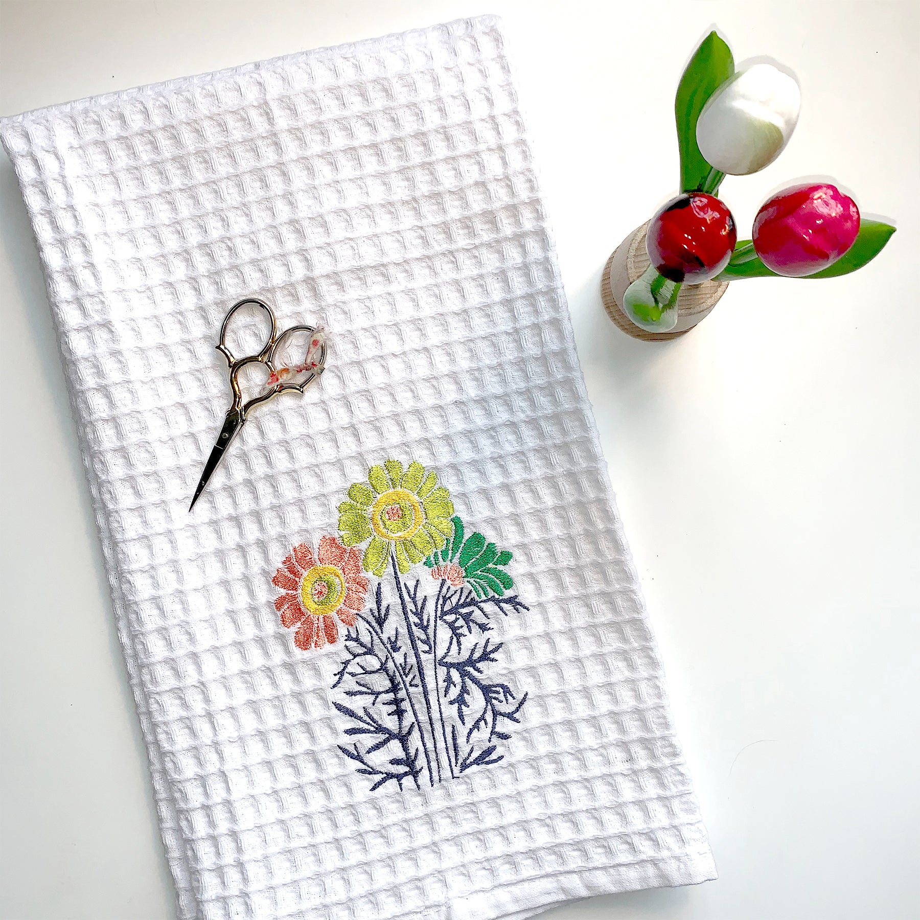 White Waffle Weave Towel | Classic Floral