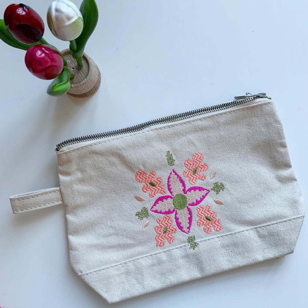 Embroidered Sweet Pea Floral Pouch | Pinky Colorway