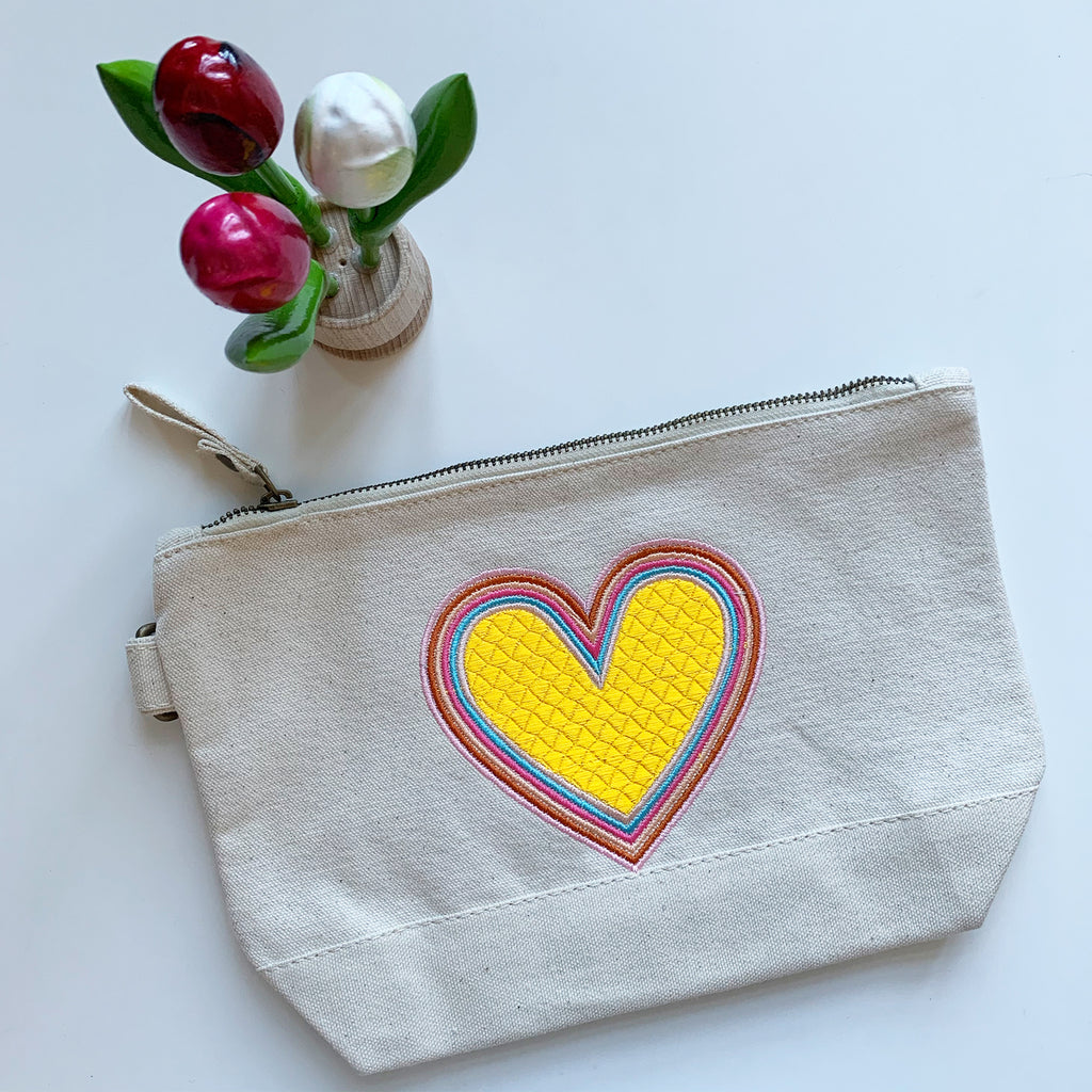 Embroidered Rainbow Heart Pouch on Cotton Canvas | Golden Colorway
